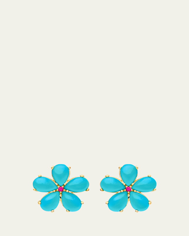 18k Turquoise Ruby Flower Statement Earrings